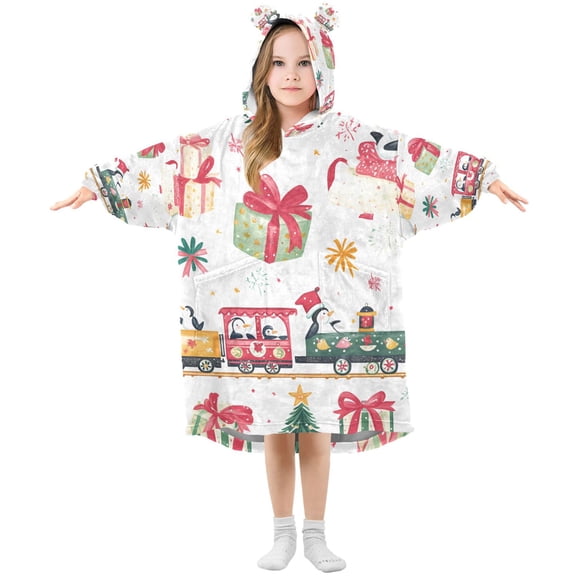 FORMRS Wearable Blanket Hoodie with Sleeves for Kids Cozy Flannel Sweatshirt, Christmas Penguin