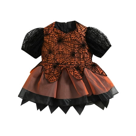 

EYIIYE Kids Girls Halloween Princess Dress Spider Web Print Short Sleeve Multi-layer Tulle Tutu Party Dress 6 Months-5 Years