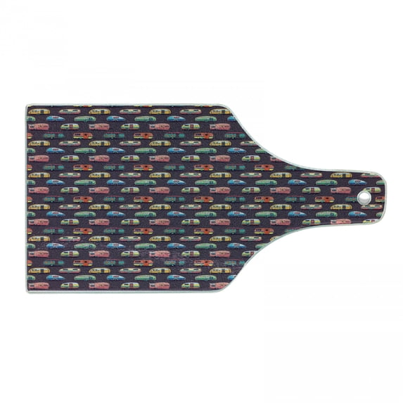 Happy Camper Cutting Board, Retro Travel Themed Continuous Pattern with Colorful Vans Graphic, Decorative Tempered Glass Cutting and Serving Board, in 3 Sizes, by Ambesonne
