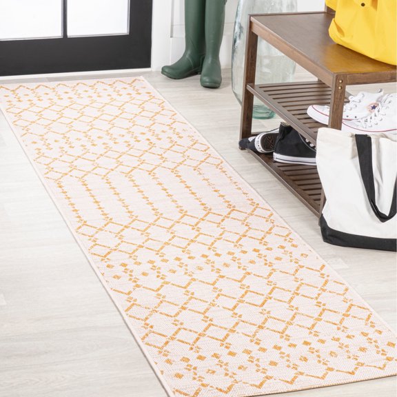 JONATHAN Y SANTA MONICA 2 x 10 Runner Rug, Ourika Moroccan Geometric Textured Weave - Cream/Yellow, SMB108J-210