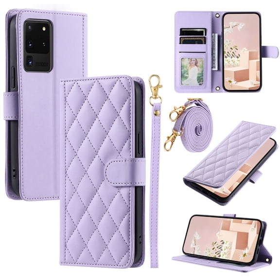 for Samsung Gaalxy S20 Ultra Wallet Case, Elegant PU Leather Shoulder Strap & Wrist Strap Kickstand Card Slots Magnetic Closure Full Body Protection Phone Case for Samsung Gaalxy S20 Ultra, Purple