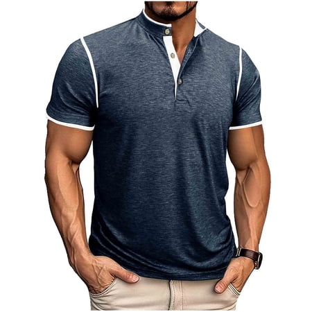 YLSDY Men s Solid Stand Collar Button Short Sleeve Golf Shirt Casual Fashion Classic Top Navy S