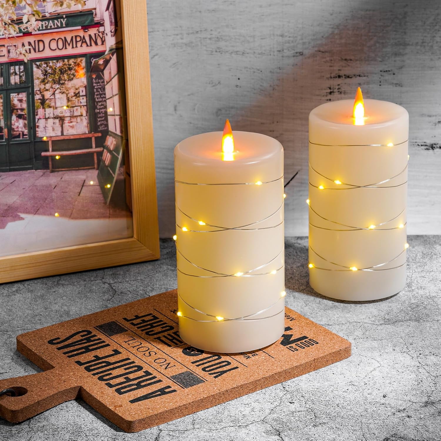 ZM Rechargeable Flameless Candles, LED Candles, Candles with Remote and Timers, Real Wax Pillar Candles, with Flickering Embedded Star String，Ivory White, Set of 2