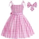 thumbnail image 5 of Película Margot Robbie Barbie disfraz de Cosplay rosa estrellado chaleco Top pantalones bufanda traje para niños niñas fiesta de cumpleaños vestido a cuadros rosa, 5 of 5