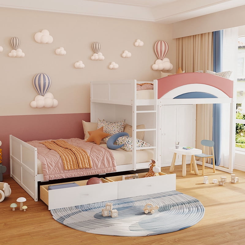 Full-Over-Full Size Offset Bunk Bed with Wardrobe & Built-in Hanging Rod, Storage Kids Bed Frame with 2 Drawers & Guardrail