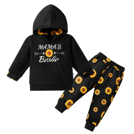 

mijaja Baby Kids Girls Sunflower Outfits Set - 2 Piece Hoodie Sweatshirt Tops and Long Pants Toddler Clothes - Black 6-12 Months