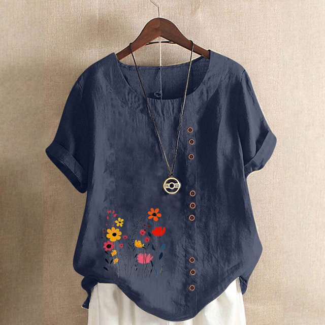Weiqiqre T-Shirts pour Femmes Chemises en Lin à Broderie Florale Manches 3/4 Col Rond Hauts Babydoll Blouses