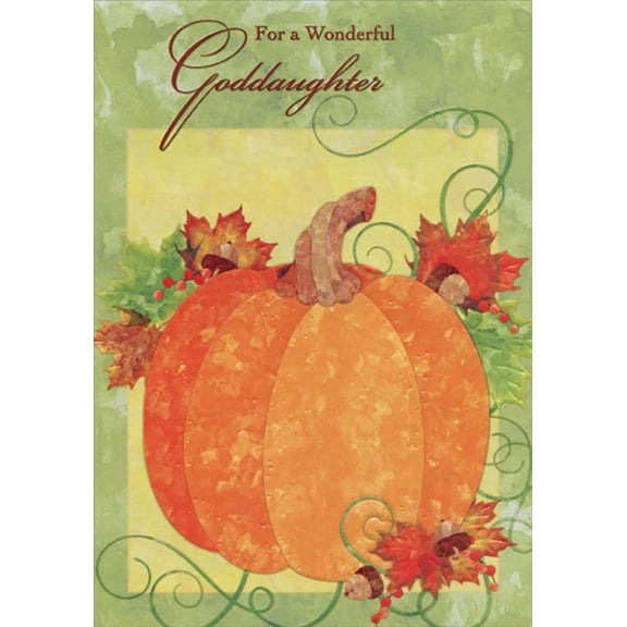 Designer Greetings Embossed Pumpkin and Leaves : Green Border Thanksgiving Card for Goddaughter