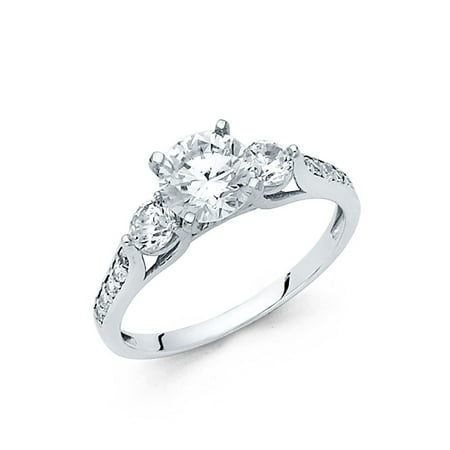 3 Stone Engagement Wedding Ring 14K Solid White Gold 1.25 cttw Cubic Zirconia Round Cut Three 3 Stone Wedding Engagement Ring with Side Stones, Size 4.5 ()