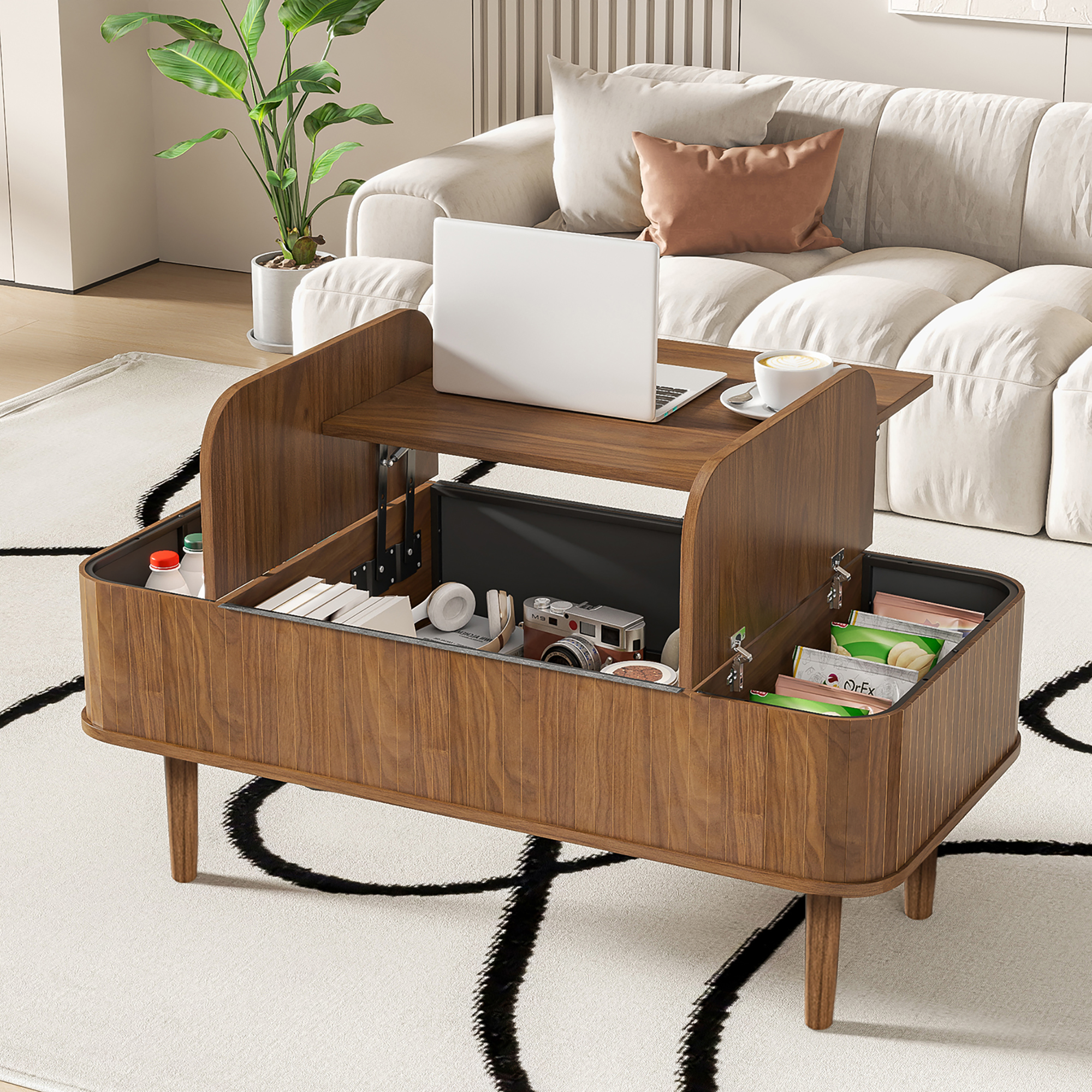 Lift Top Coffee Table with Storage, Mid Century Modern Coffee Table for Living Room, Small, Walnut