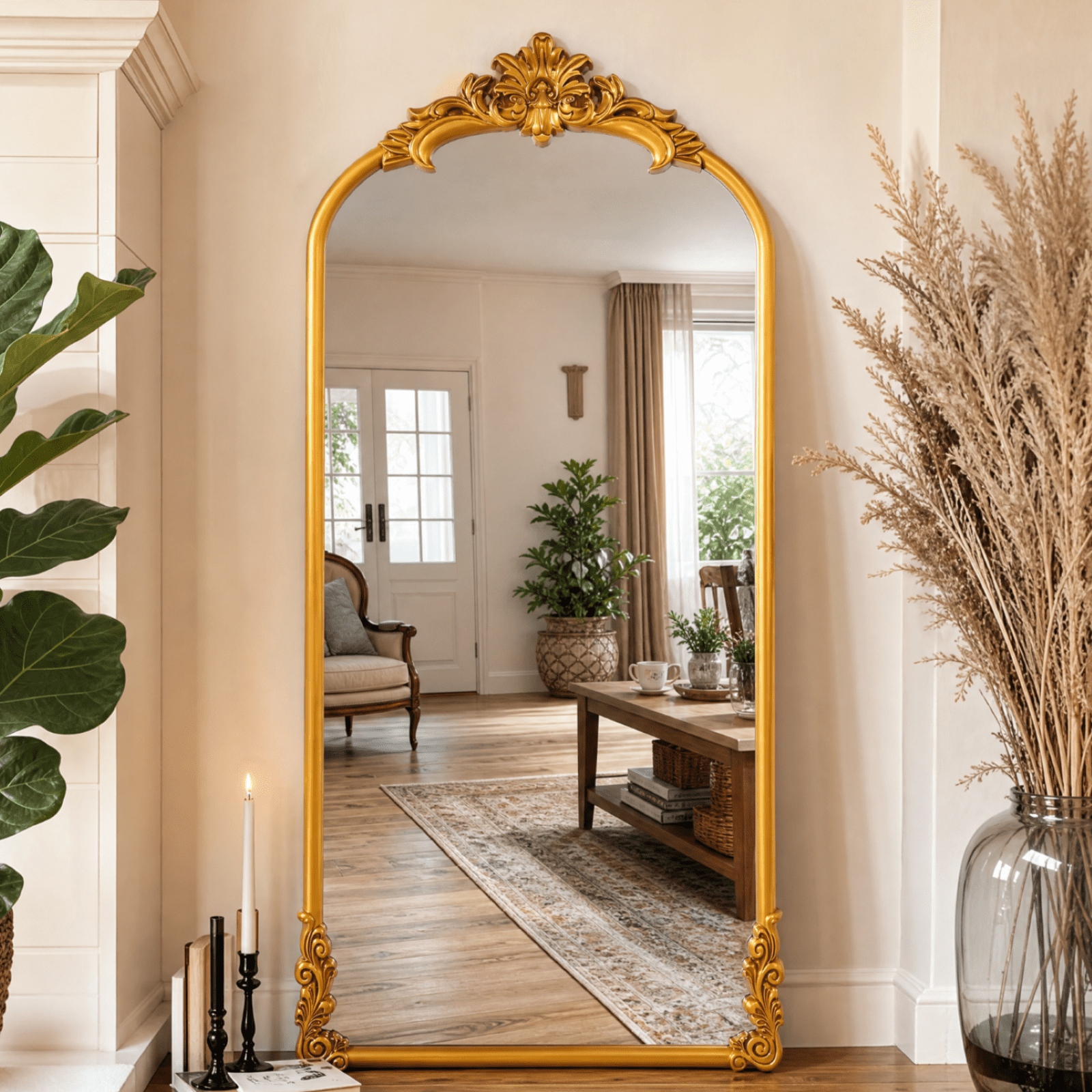VORENTA 71"x32" Vintage Floor Mirror Arched Full Length Mirror Baroque Carved Wall Mounted Decor Traditional Ornate Mirror with Stand, Gold