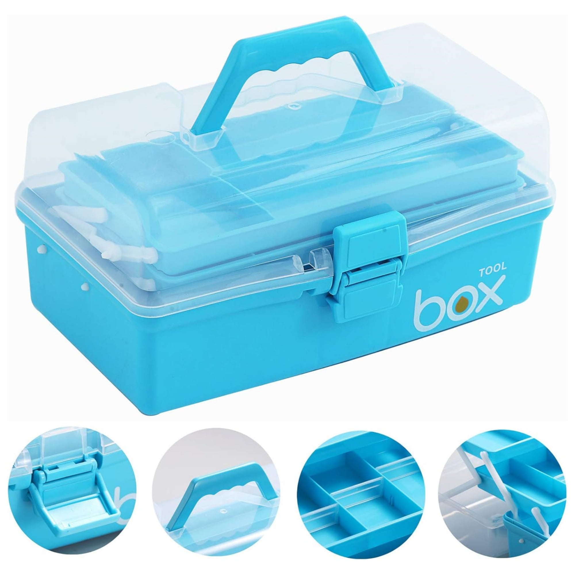 Kinsorcai 2PCS 12'' Three-Layer Clear Plastic Storage Box/Tool Box, Multipurpose Organizer and Portable Handled Storage Case for Art Craft and Cosmetic (Blue)