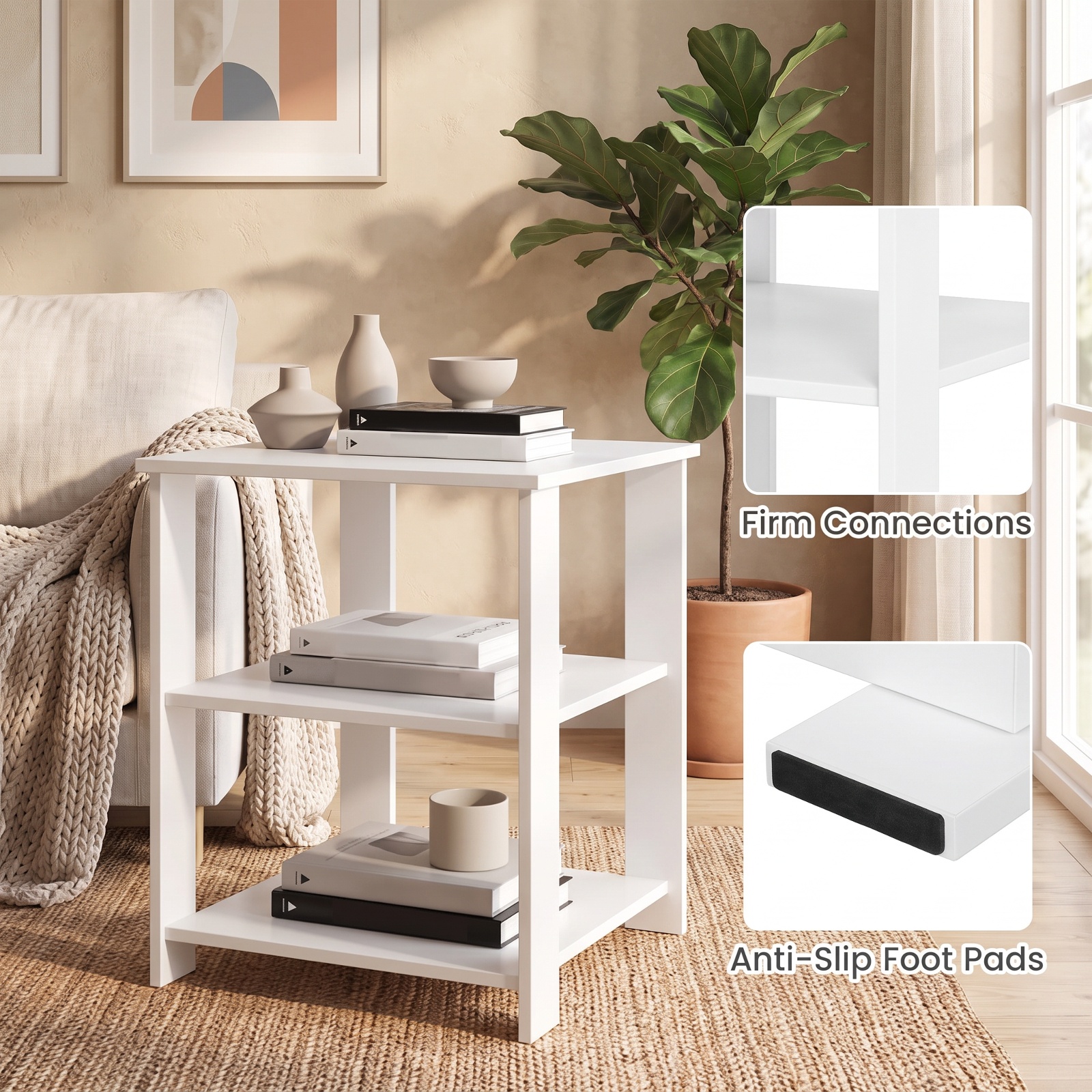Furnibear 3 Tier Square Nightstands Set of 2 with Open Storage Shelves Bedside Side Tables for Bedroom Living Room, White