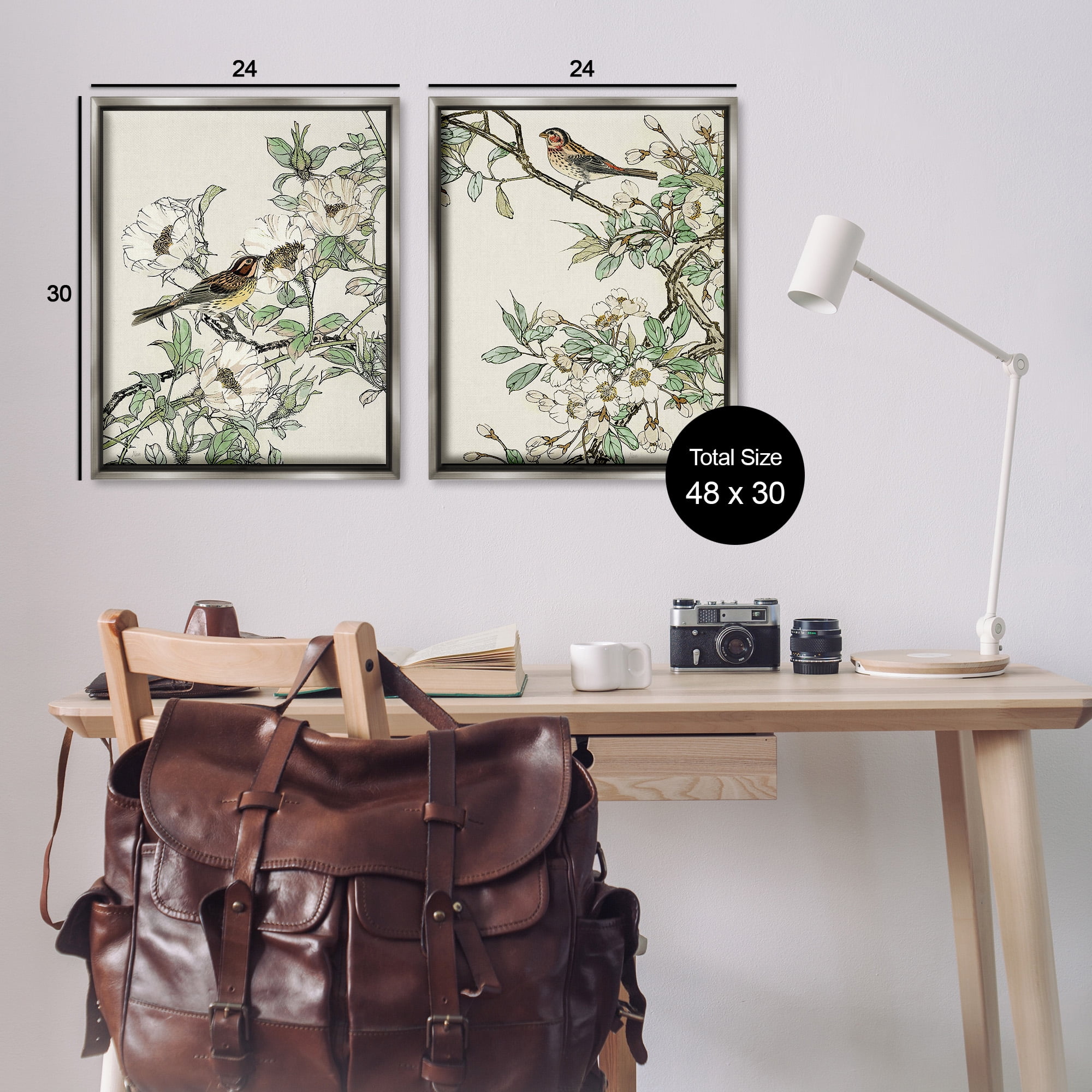 Stupell Industries Classic Sparrow on Blossoms Animals & Insects Painting Gray Floater Framed Canvas Art Print Wall Art, 25 x 31, Set of 2