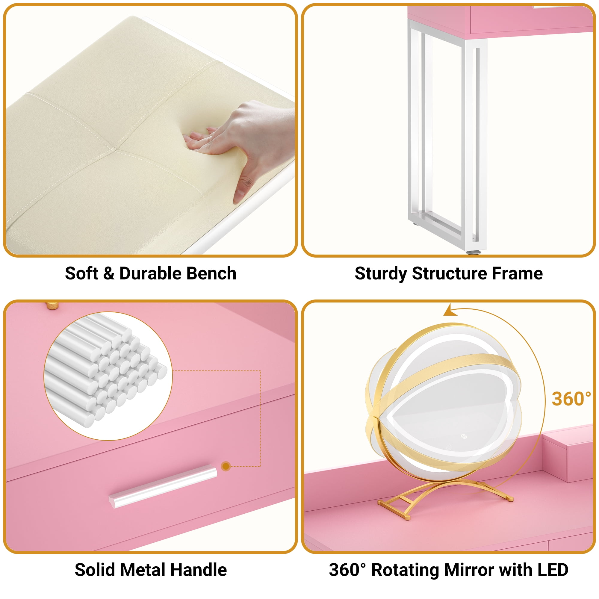 Homieasy Vanity Desk with Mirror and Lights, Modern Makeup Vanity Table Set with 6 Storage Drawers and Cushioned Stool for Bedroom, Dressing Table with Divided Organizers for Women, Pink