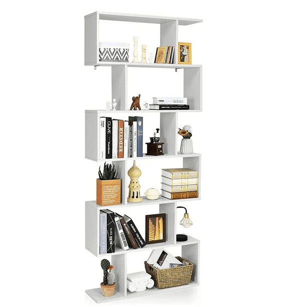HOMEFORT 6-Shelf Geometric Bookcase, Wood S-Shaped Bookshelf, Modern Staggered Bookcase Bookshelf. White and Black