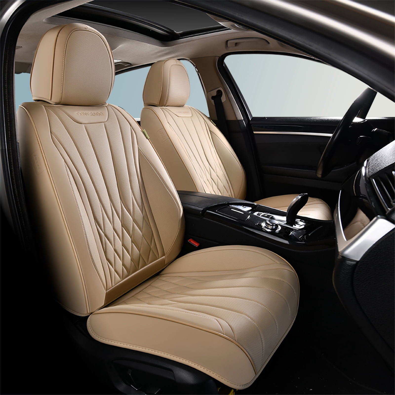 Coverado Car Seat Covers Full Set, Premium Leather Front and Rear Seat Protectors, Sleek Design Universal Fit for Most Cars, Beige