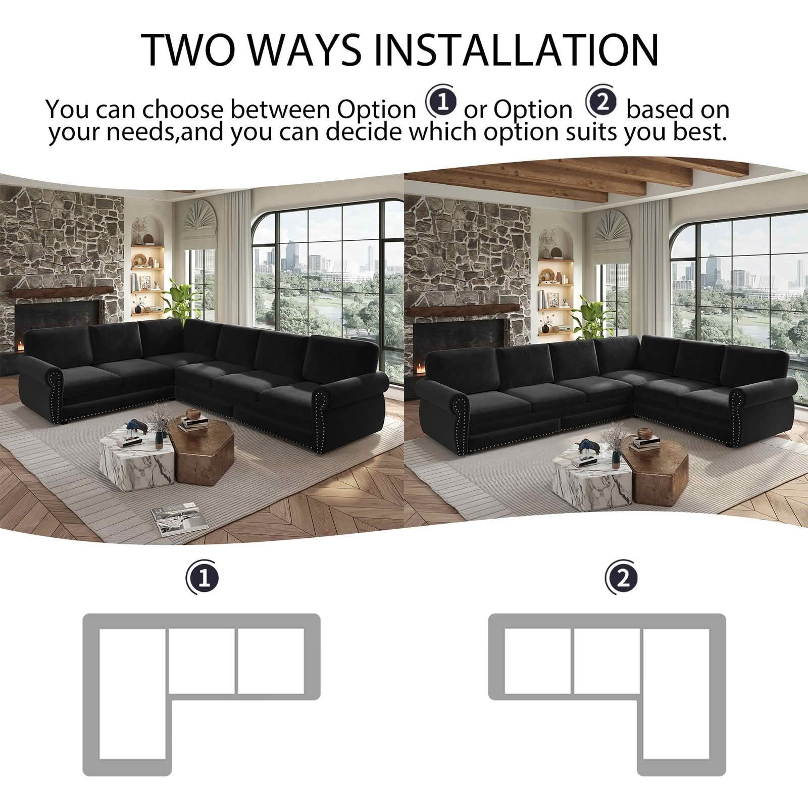 MAYEERTY 118" L‑Shaped Convertible Pull‑Out Sofa Bed, Chenille Sectional Couch with Nailhead Trim & Rolled Arms, Oversized Multifunctional Sleeper Sofa