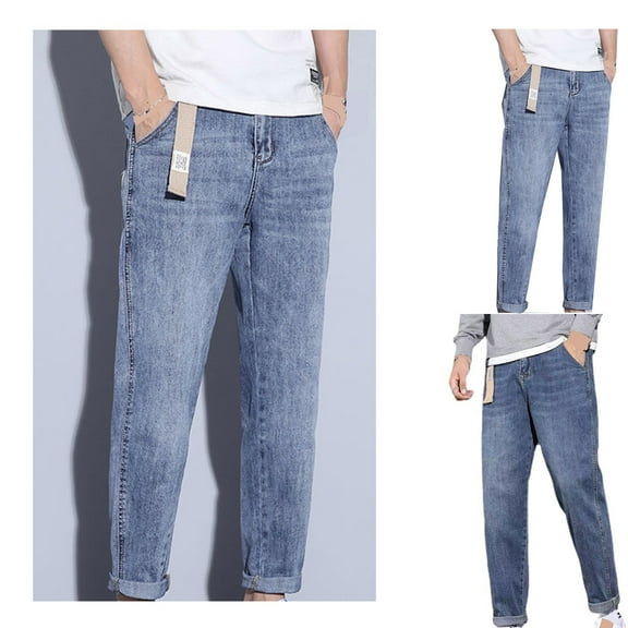Isvgxsz New Pants for Men Jeans New Style Comfort Waist Straight Pants Men Solid Skin-Friendly Long Pants Pocket Button Front Mid Waist Straight Leg Jeans Dark Blue S