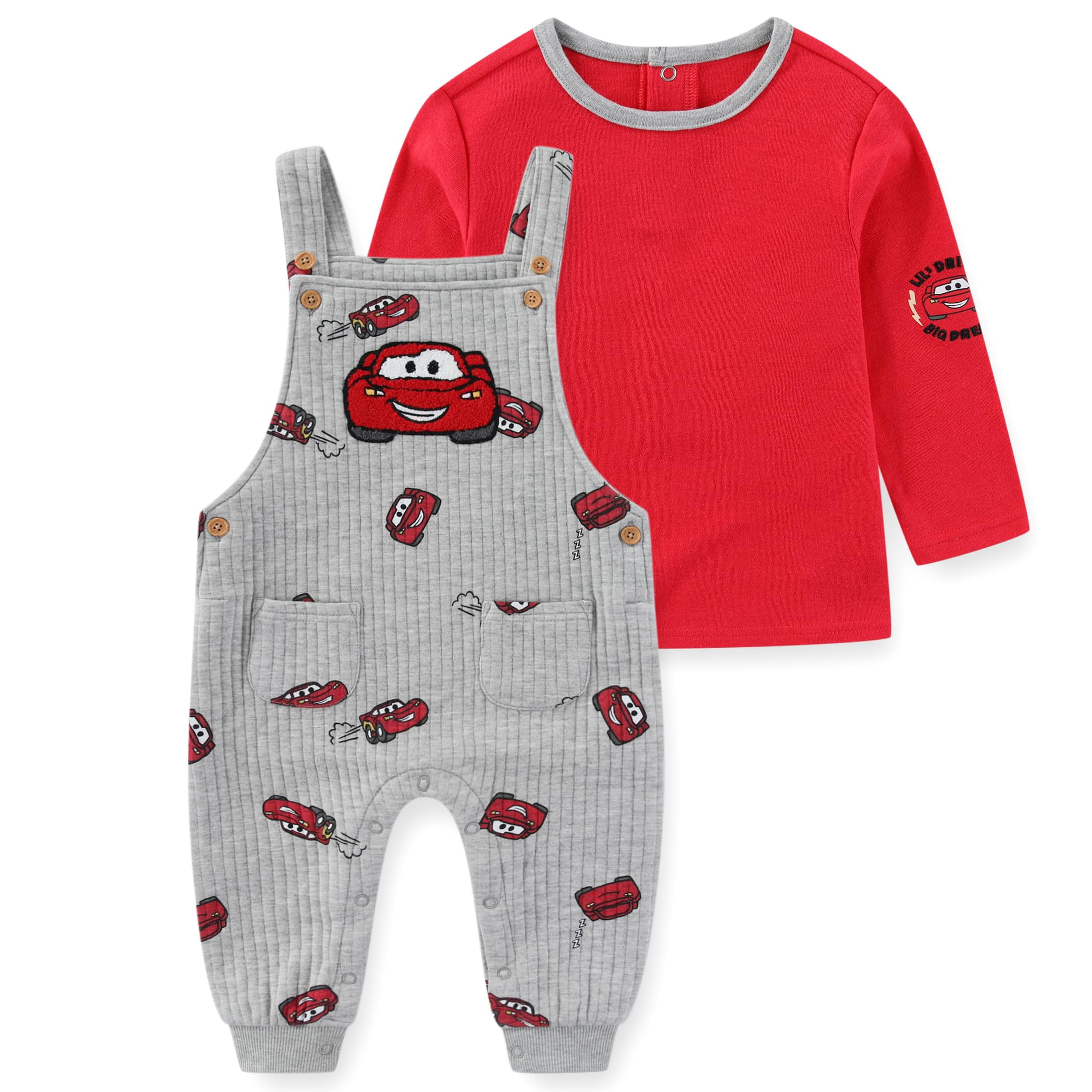 Disney Cars Lightning McQueen Long Sleeve Shirt and Overalls (Baby Boys), 2 Piece Set, Sizes 12M-24M