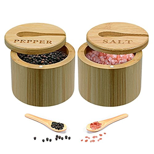 Pepper Spice Sugar Bamboo Salt and Pepper Cellars Salt Storage Bowl with Magnetic Swivel Lid 2pcs Spice Containers with Serving Spoons Pepper Box Engraved with Salt and Pepper for Salt Style 1