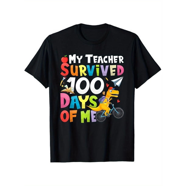 My Teacher Survived 100 Days of Me - Fun Dinosaur Graphic Tee for Boys & Girls, Breathable Polyester Crew Neck T-Shirt, Casual Summer Short Sleeve Top, Perfect Gift for Youngsters