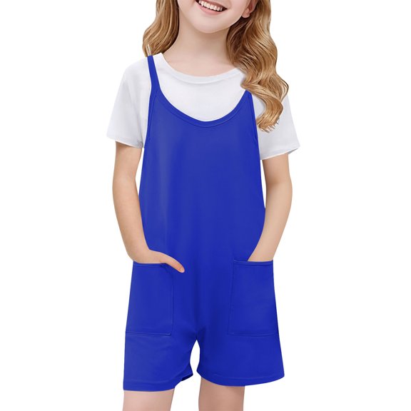 Summer Rompers for Girls Jumpsuit Shorts Casual Loose Children Kids Summer Crew Neck Sleeveless Spaghetti Strap Overalls Onesis with Pockets