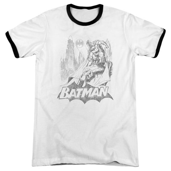 Batman Bat Sketch Adult Ringer T-Shirt White Black