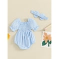 thumbnail image 4 of Suealasg Infant Baby Girl Summer Jumpsuit Solid Color Puff Sleeve Ruffled Romper Bodysuit +Headband 0-18 Months Infant Girls Outfits, 4 of 8