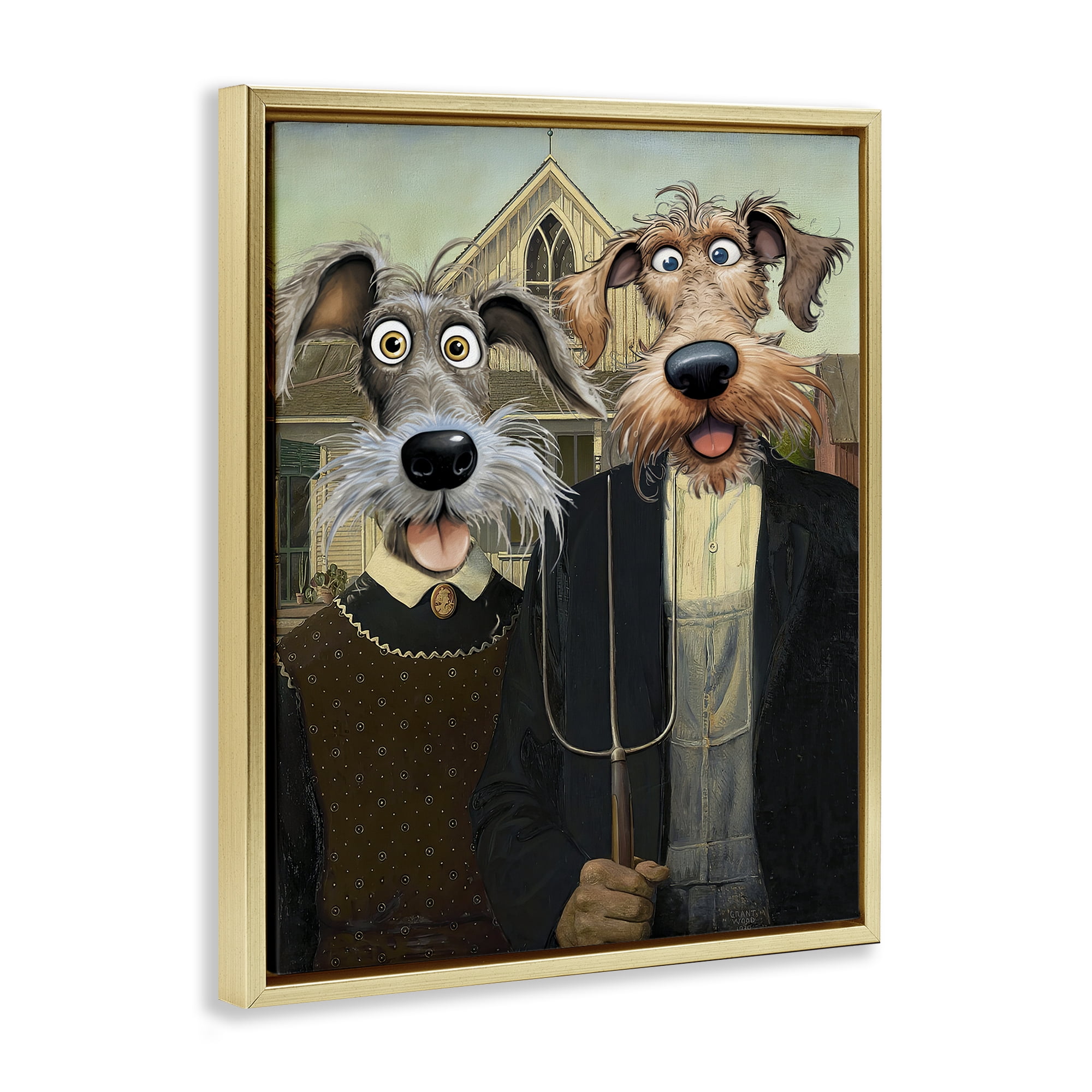 Stupell Industries American Gothic Pups Gold Framed Floater Canvas Wall Art, design by Tina LeCour