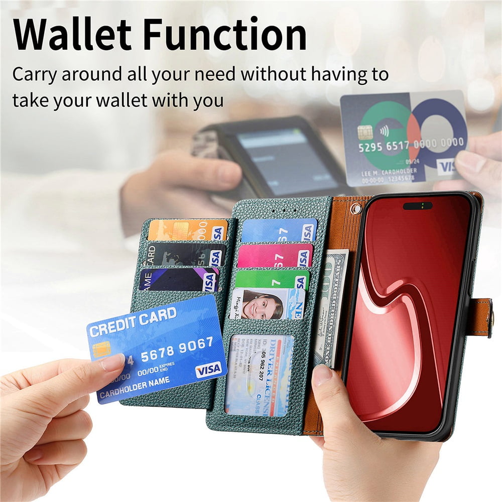 For iPhone 15 Pro Max Leather Phone Case Wallet Zipper Pocket Pouch Folio Flip Cover Kickstand, Multi Anti-theft Card Holder Cash Slot, Double Magnetic Buckle, Wrist Lanyard,Green