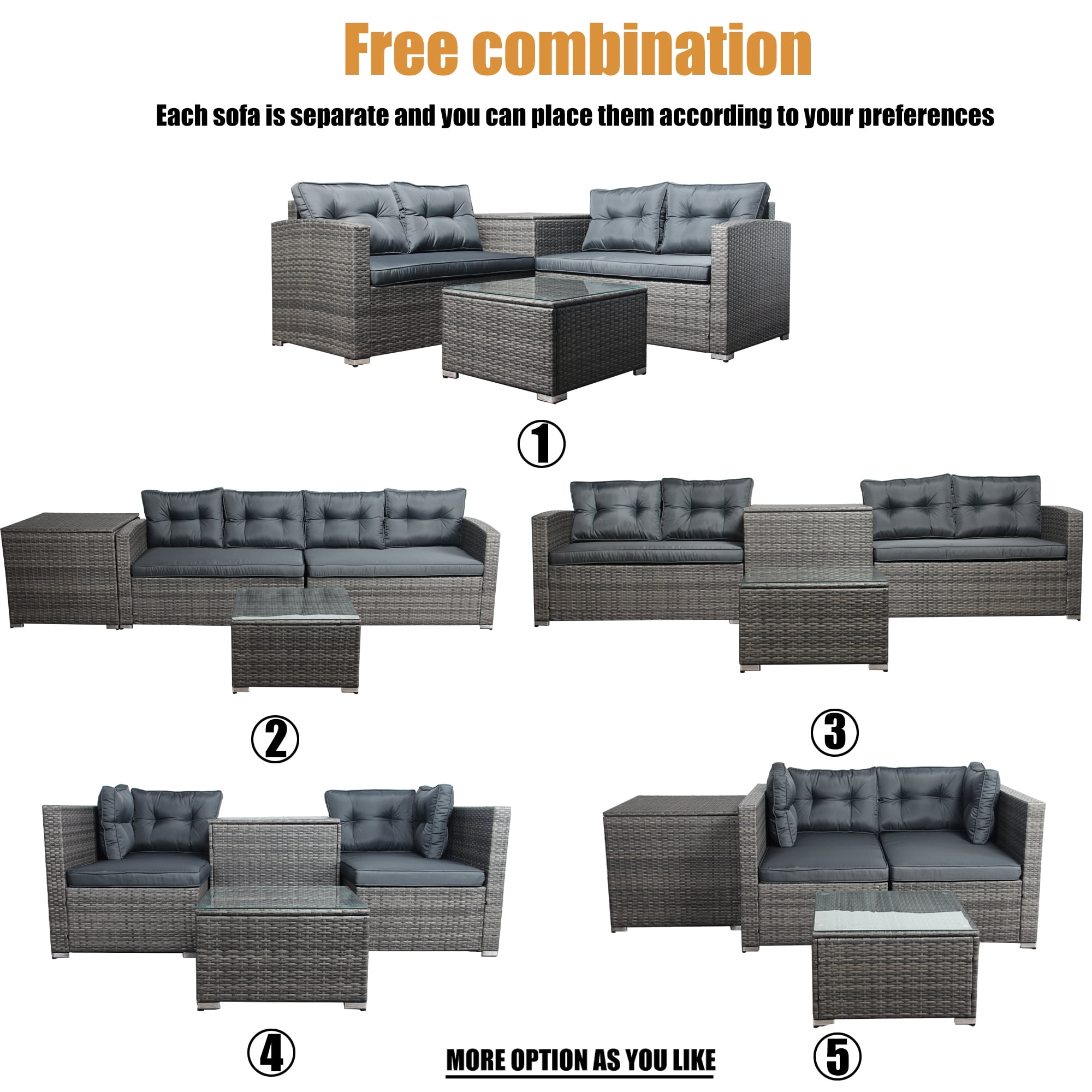 Rattan Patio Sofa Set, 4 Pieces Outdoor Sectional Furniture, All-Weather PE Rattan Wicker Patio Conversation, Cushioned Sofa Set with Glass Table & Storage Box for Patio Garden Poolside Deck