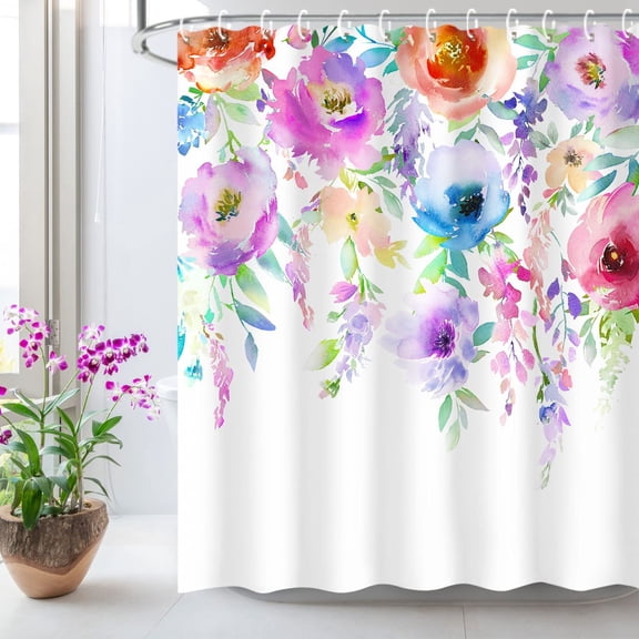 Watercolor Floral Shower Curtain, Colorful Flowers Bathroom Curtain with Hooks 72" W x 72" H Machine Washable Fabric Bathroom Decor