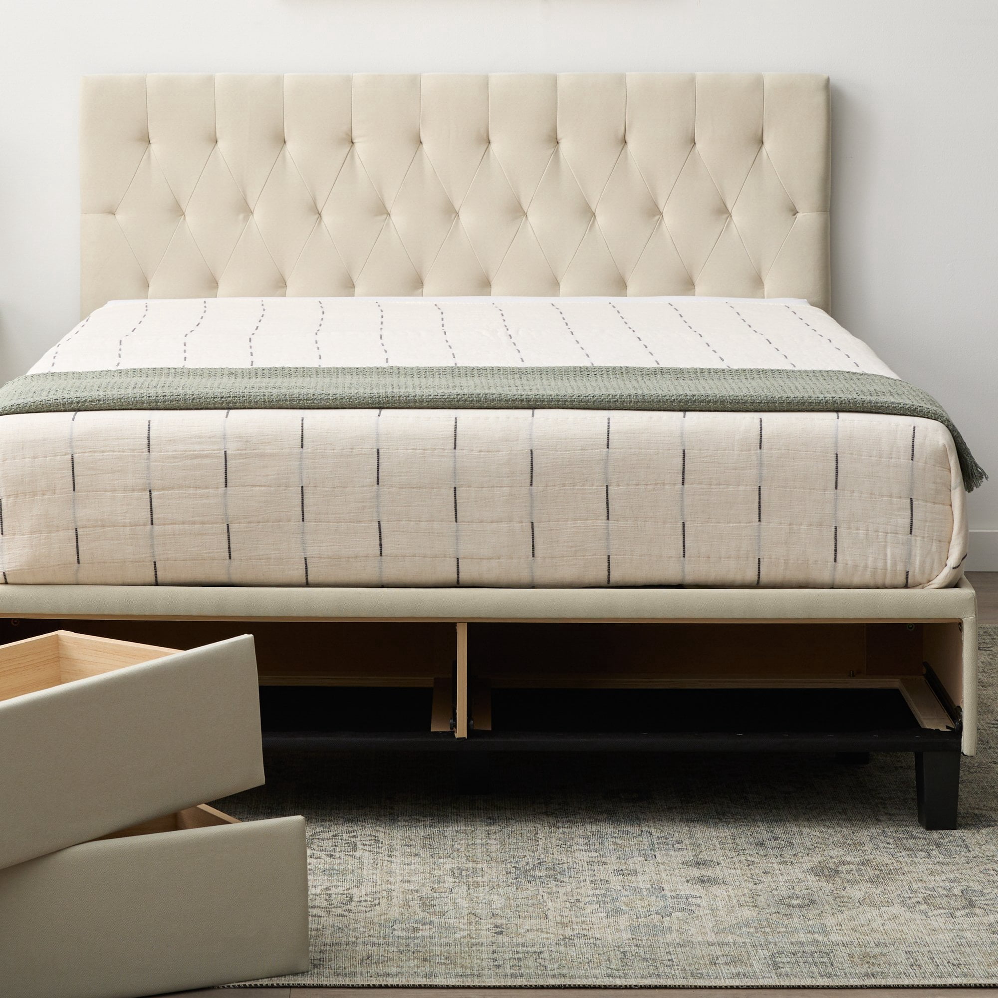 Rest Haven Jasper Upholstered Platform Bed with Drawers, Queen, Cream
