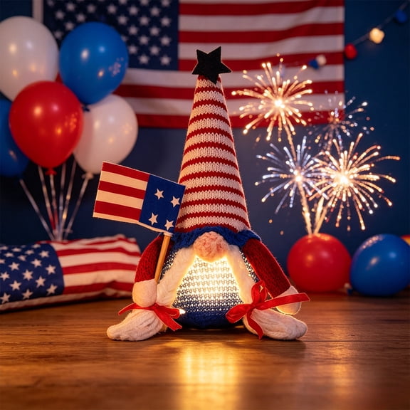 erdimoy 4th of July Patriotic Light-Up Gnome Figurine, 10.5" LED Knit Plush Gnome with American Flag (2 Styles)
