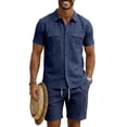 thumbnail image 6 of Men'S Short Sleeve Solid Color Workwear Button Down Shirt With Multiple Pockets And Cargo Shorts Set For Summer Casual Wear,Navy,XXL, 6 of 6
