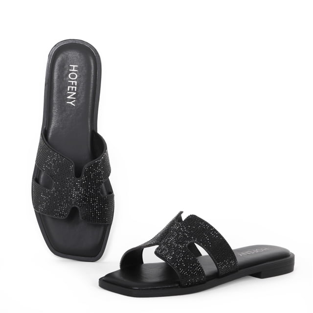 Sandalias planas Hofeny Rhinestone de piel sin cordones para mujer