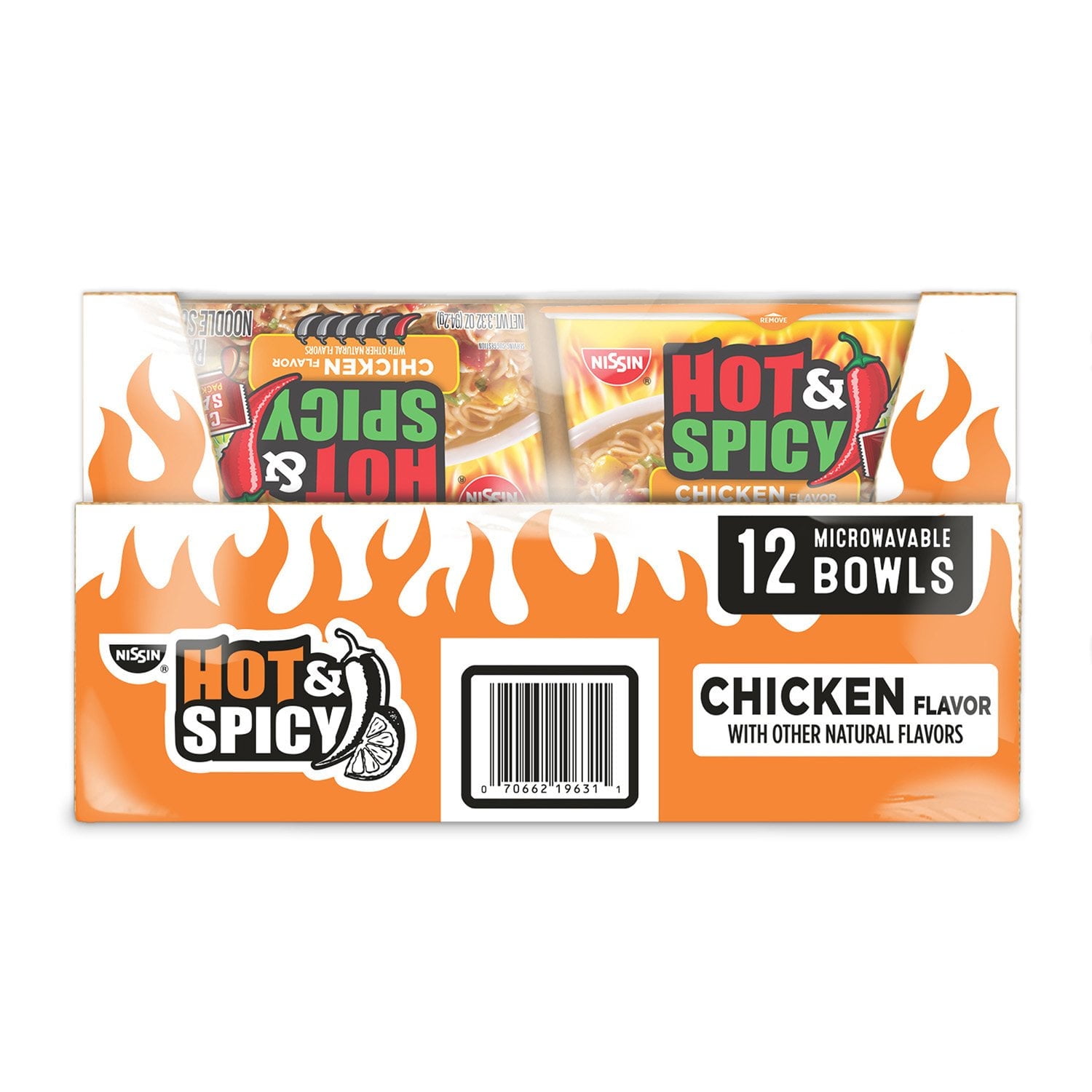 Nissin Hot and Spicy Chicken Bowl, 2 Pack (3.32 oz., 12 pk.) with bowl by OMA