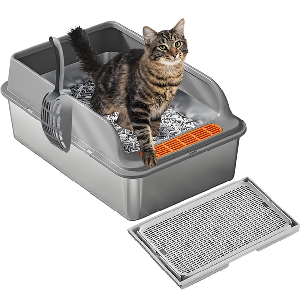 Arenero para gato de acero inoxidable XL grande con tapete y pala, prevención de fugas, adecuado para varios gatos y gatos grandes, antiadherente, sin