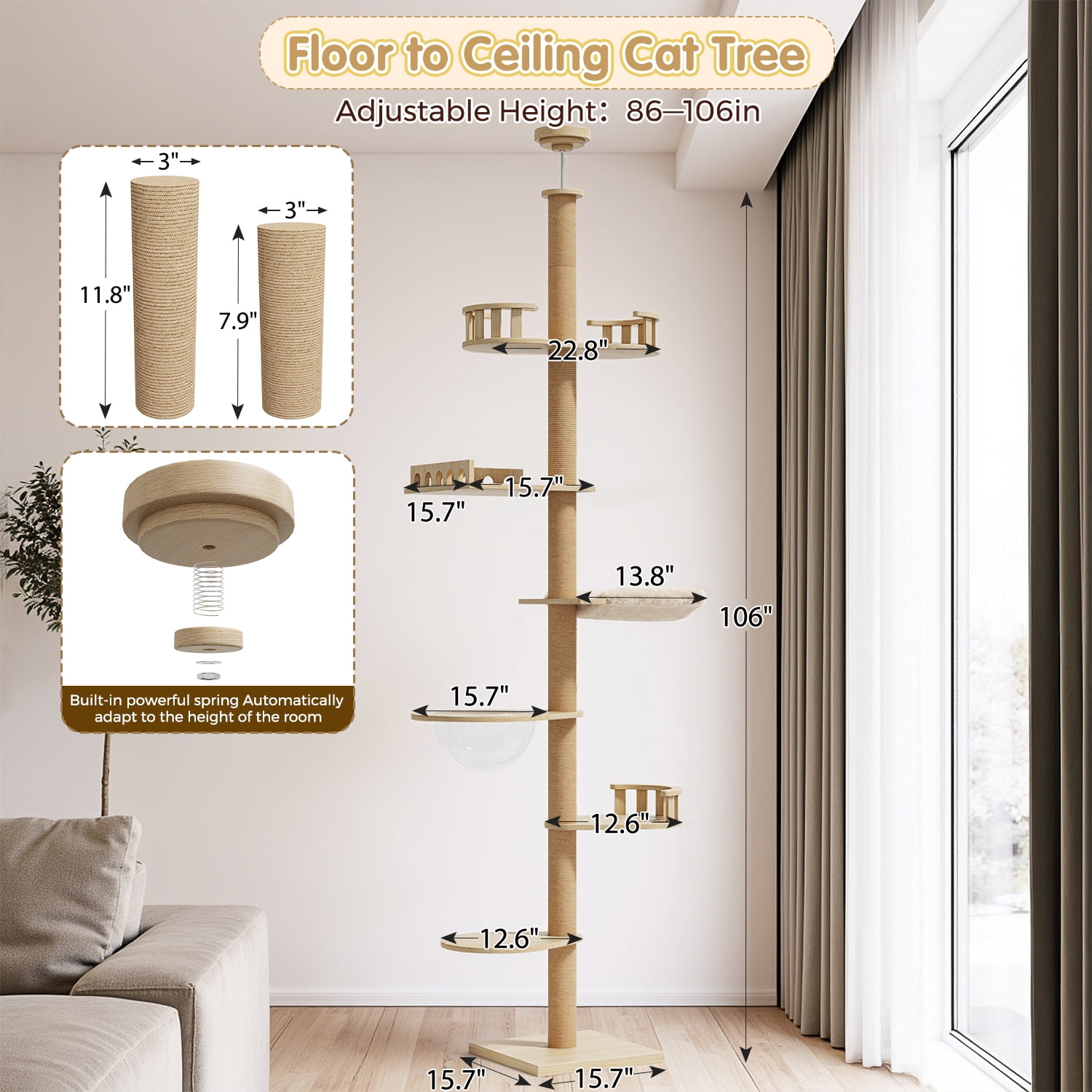 Erinnyees Floor to Ceiling Cat Tree Adjustable 86-106", 6-Level Wood Cat Tower with Scratching Post, Plush Hammock, Transparent Capsule & Perches for Indoor Cats, Space-Saving Cat Furniture