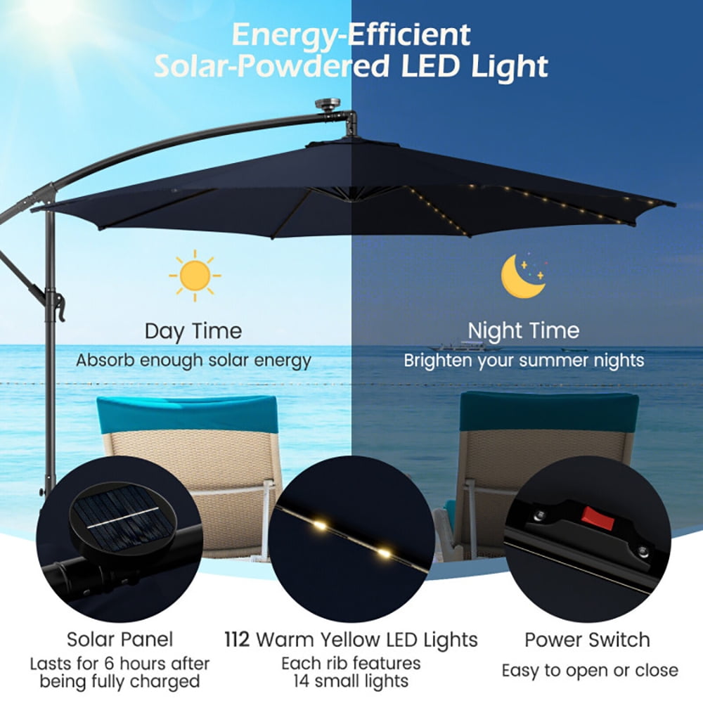 Aimee Lii 10 Feet Patio Offset Umbrella with 112 Solar-Powered LED Lights, Sunbrella Patio Umbrellas, Navy Aimee Lii 10 Feet Patio Offset Umbrella with 112 Solar-Powered LED Lights, Sunbrella Patio Umbrellas, Navy