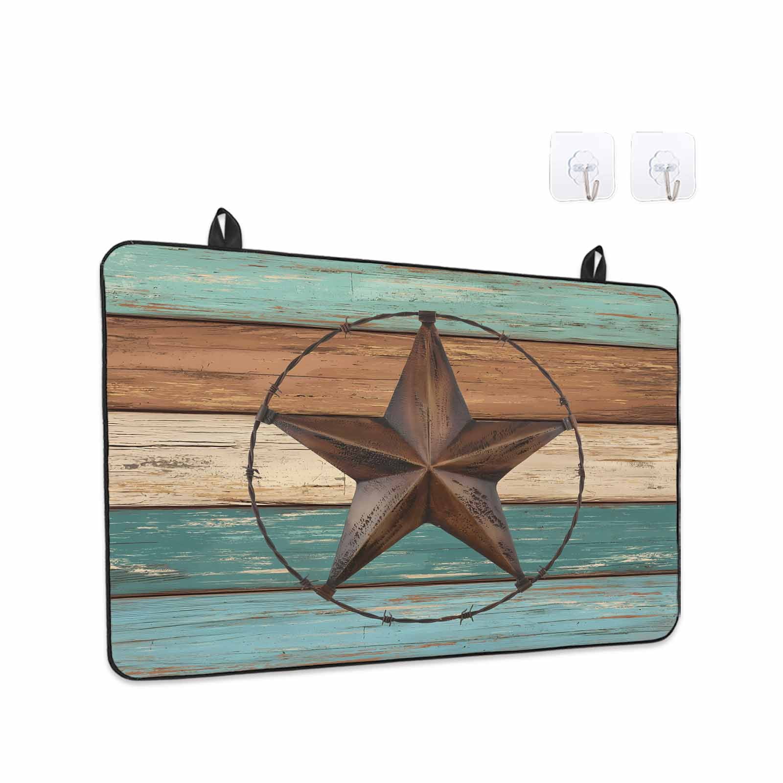 Teal Brown Stove Top Cover for Electric Stove, Heat-proof & Non Slip Glass Top Stove Cover Protector, Country Texas Star Farmhouse Barn Door Wood Kitchen Flat Cooktop Rubber Mat 24x21 Inches