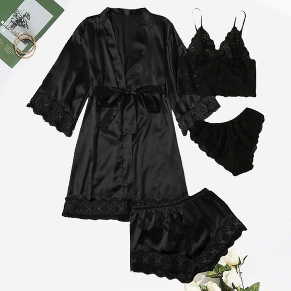 CUZIBR Women'S 4 Piece Lace Satin Nightgown Set Strap Tank Top Brief Shorts Long Sleeve Dress With Belt Outfits Lace Trim Trendy Sofy Cozy Cami Nightwear,Black,M
