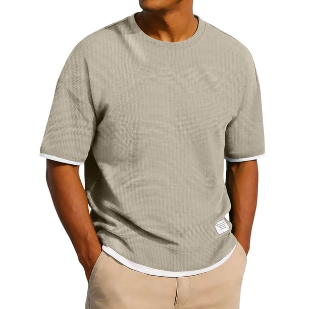 Ceisia Men's Loose Fit Fake Two-Piece T-shirt Waffle Knit Short Sleeve Round Neck Casual Daily Summer Fall Tee Tops Beige M Gifts