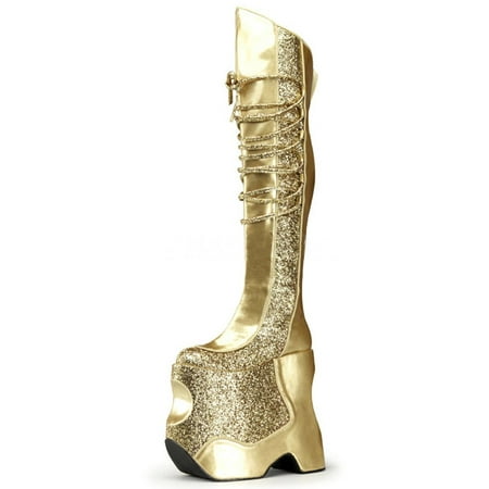 MENS SIZING Gold Crinkle Glitter Patent Thigh High Platform Boots 8.75'' Heel