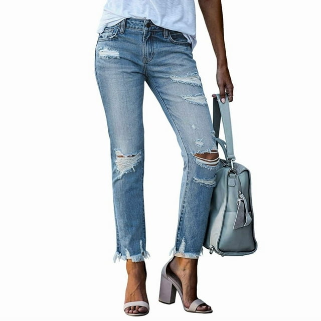 Pantalones Vaqueros Rectos Rotos con Efecto Desgastado para Mujer Azul XXL