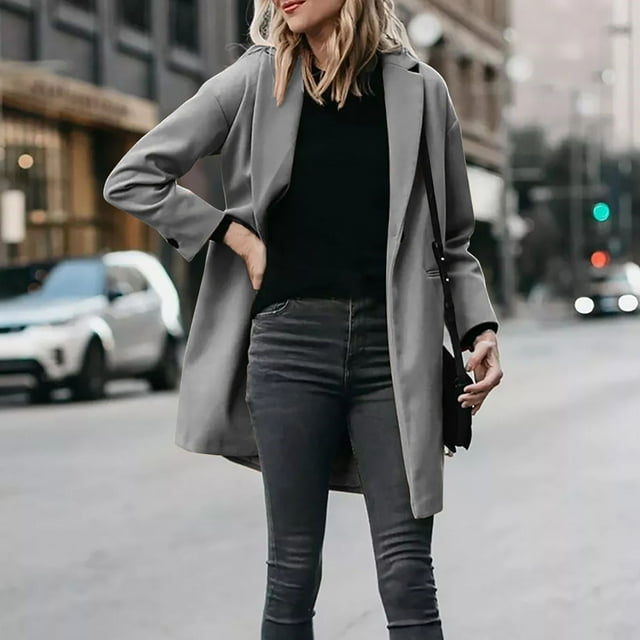 EGNMCR Manteau et Vestes Décontractés à Manches Longues Sans Capuche pour Femmes, Col Rabattu, Manteau d'Hiver, Poche, Dégradé, Uni, Sans Capuche, Coupe Régulière, Manteau à Manches Longues pour Femmes