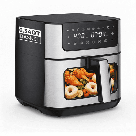Atilioo 6.34Qt Air fryer with View Window & 8 Presets, Digital Touchscreen Stainless Steel Rapid Frying Cooker, Non-Stick & Dishwasher Safe, Black