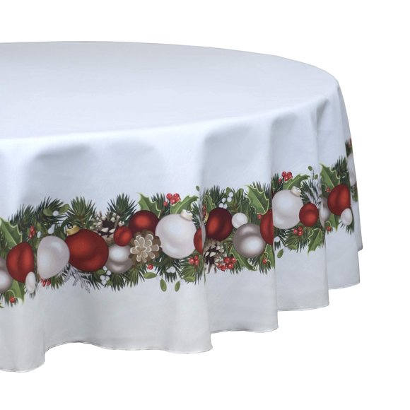 Fabric Textile Products Round Tablecloth, 100% Milliken Polyester, Machine Washable, 90" Round, Christmas Garland Border