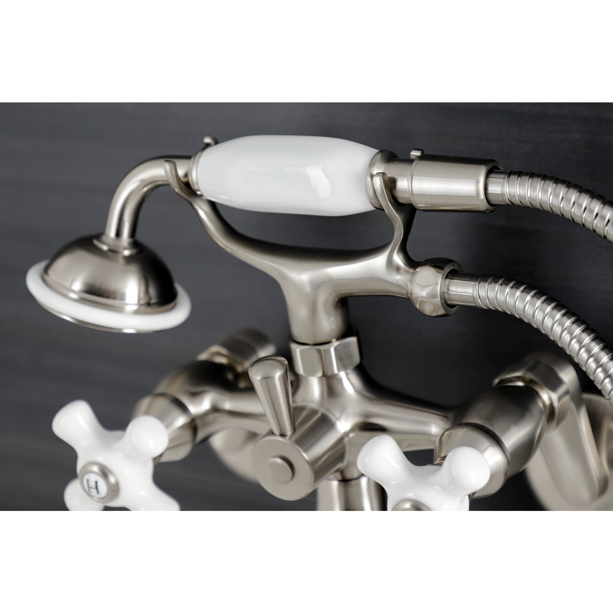Kingston Brass KS226PXSN Kingston Three-Handle 2-Hole Wall Mount Clawfoot Tub Faucet with Hand Shower in Brushed Nickel